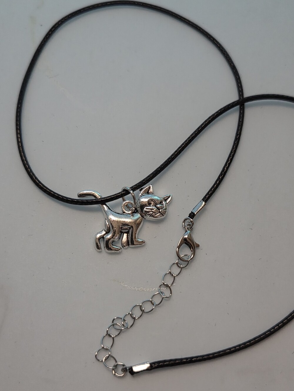 Silver Tone Cat Charm Necklace on Black Cord - Pet Lover Jewelry
